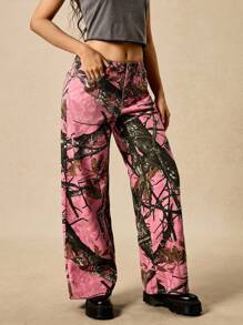 Easelle 女式枝形图案口袋宽松休闲百搭牛仔裤 - 粉色 - 查看 4