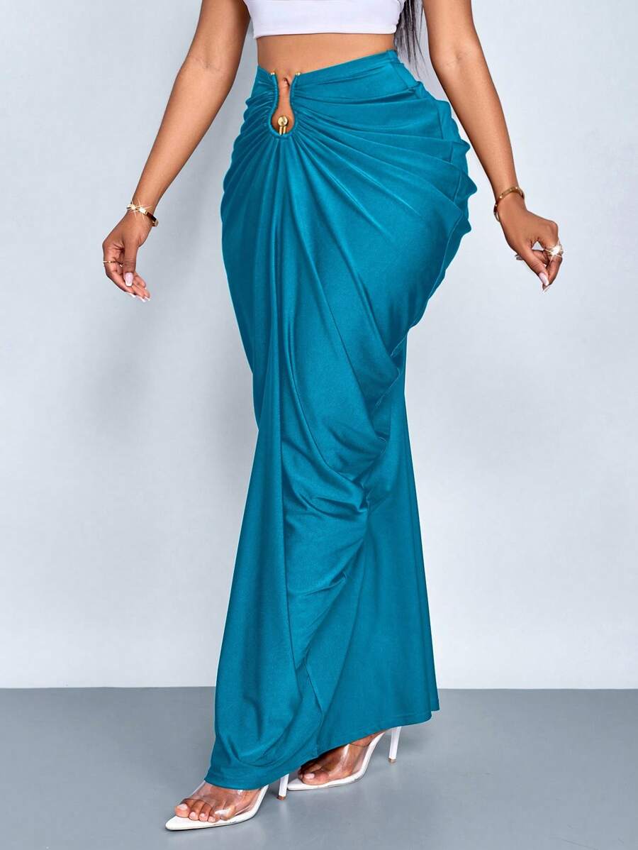 SOLERSUN Women's Fashion Solid Color Gathered Ruched Skirt - Teal Blue - View 1