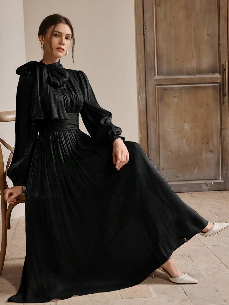 Anewsta Essential Women's Long Dress With Waist Pleats, Shiny And Elegant, Versatile For Spring And Autumn