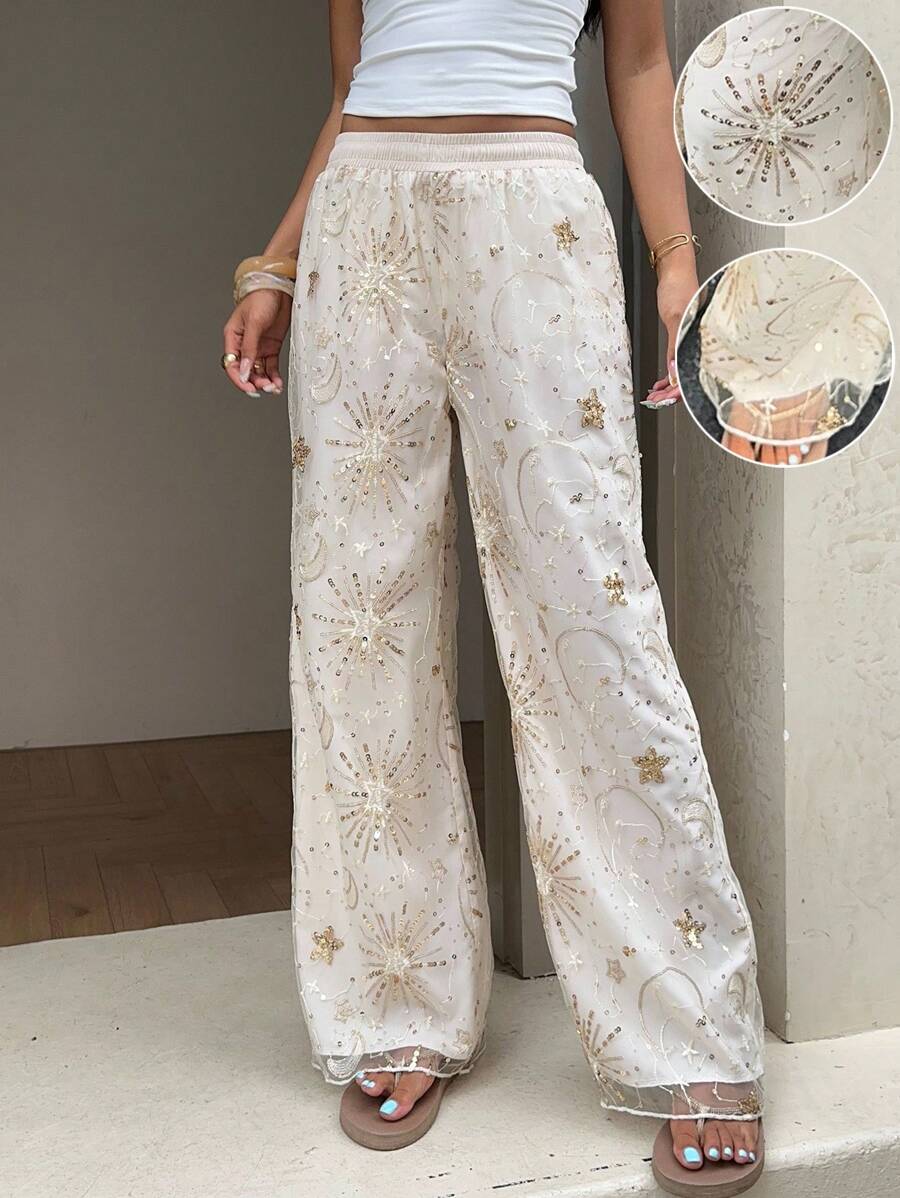 SHEIN EZwear 女士休闲松紧腰亮片高腰阔腿裤 - 杏色 - 查看 1