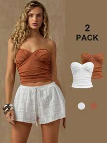 Glamine 2 piezas Parte superior tipo camiseta con pliegues de color liso minimalista de verano para mujer - Multicolor - Ver 5