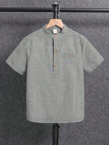 SHEIN 青少年男孩休闲条纹领衬衫，适合上学、通勤、运动，适合春夏季 - 黑色 - 查看 2