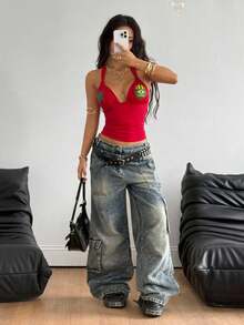 Coolane Áo ba lỗ hở vai họa tiết Brazil dành cho nữ, đi chơi mọi mùa, đi dự tiệc rave, dạo phố - Đỏ - Xem 5