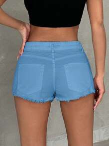 EURMUSE Shorts de mezclilla de unicolor 100% algodón con dobladillo deshilachado - Celeste - Ver 2