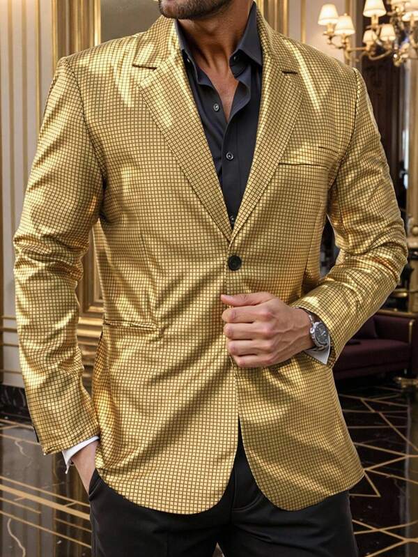 Manfinity AFTRDRK Men's Lapel Neck Plaid Print Long Sleeve Party Wear Blazer Gold Blazer Men Gold Suit Jacket Luxury Mens Blazer Mens Fashion Blazer