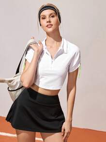 Gameset SHEIN Sport 女式夏季撞色抽绳褶皱短袖短款休闲运动 Polo 衫 - 白色 - 查看 6