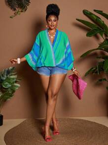 Maweii 大码休闲度假撞色条纹蝙蝠袖衬衫 - 藍色 - 查看 1