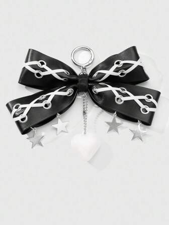 Grunge Punk 1pc Y2K Retro Punk Gothic Style Black Leather Chain Strap With Eyelet, Bow Tie, Silver Star And Acrylic Heart Pendant DIY Key Chain Or Bag Decoration, Suitable For Women, Gift Idea