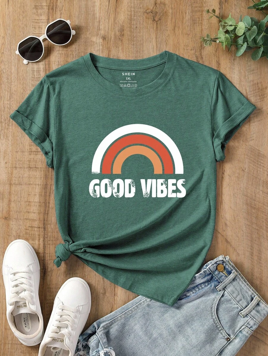 INAWLY Plus Size Women's Summer Floral Print Crew Neck Short Sleeve T-Shirt - Cadet Blue - View 1