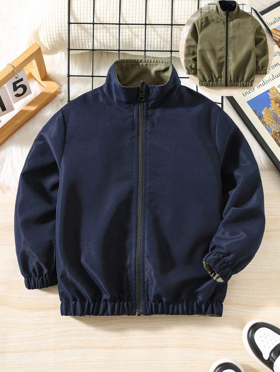 SHEIN 1 pièce Veste réversible décontractée pour jeune garçon, coupe ample, pratique, convenant pour la rentrée scolaire, les fêtes d'anniversaire, les soirées, les représentations, les mariages, les baptêmes, les cérémonies d'ouverture, le port quotidien, l'école, les voyages, les sports. Veste légère zippée, veste bomber pour l'automne et l'hiver