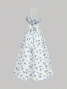 SHEIN MOD 黄色花卉印花露背长裙，蝴蝶结开合 - 非常适合海岛度假、派对、约会、生日庆祝、下午茶和节日 - 藍色 - 查看 2