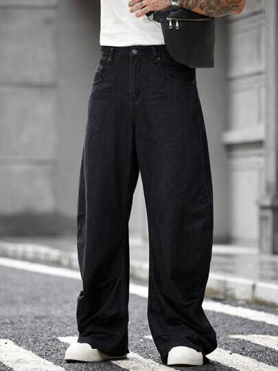 Manfinity Roughcore 男士休闲宽松阔腿牛仔裤，不含腰带，宽松牛仔裤，男士超大牛仔裤，男士黑色喇叭牛仔裤