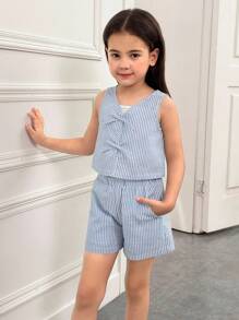 SHEIN Ensemble top à nœud et short pour jeunes filles, style décontracté minimaliste et confortable, col rond, sans manches