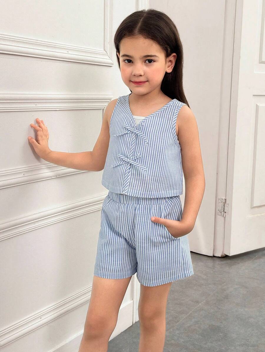 SHEIN Ensemble top à nœud et short pour jeunes filles, style décontracté minimaliste et confortable, col rond, sans manches