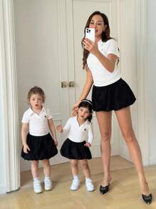 SHEIN Babygirl Cute Casual Versatile Long Sleeve Shirt And Elastic Waist Skirt Set, Mommy And Me Matching Outfits (2 Sets Sold Separately)