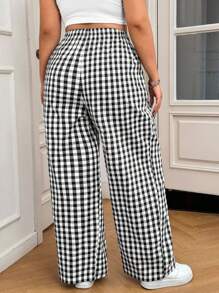 SHEIN EZwear Plus Size Casual Plaid Drawstring Waist Slant Pockets Pants