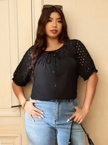 Elaquor Camisa de manga corta casual de unicolor con cuello redondo y calado, talla grande, para el verano