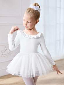 SHEIN Young Girls Ballet Dress, White Long Sleeve Girls Ballet Dancing Leotard With Lace Flutter Sleeve Fall Winter - White - View 5