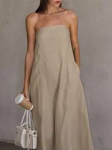 SHEIN Frenchy 大码女式纯色抹胸宽松休闲连衣裙 - 咖啡棕 - 查看 3