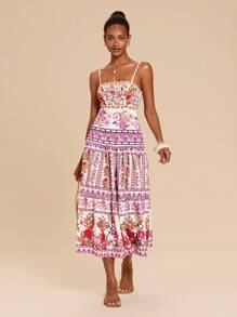 Travachic Boho Midi Dress With Floral Plant Print And Flared Hem For Summer Floral Summer Vacation - Multicolor - View 3