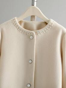 EMERY ROSE 女士对比色仿皮毛袖口仿珍珠羊毛 - 杏色 - 查看 5