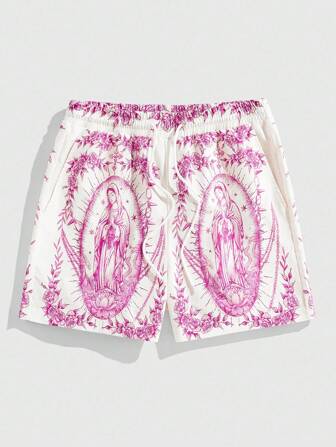 Street Life Pantalones cortos casuales de hombre con cordón en la cintura e impresión de la Virgen María, para verano