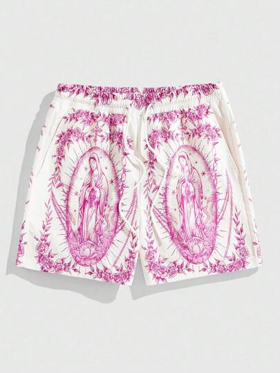 Street Life Herren-Shorts mit Kordelzug in der Taille und Jungfrau-Maria-Print, Sommer