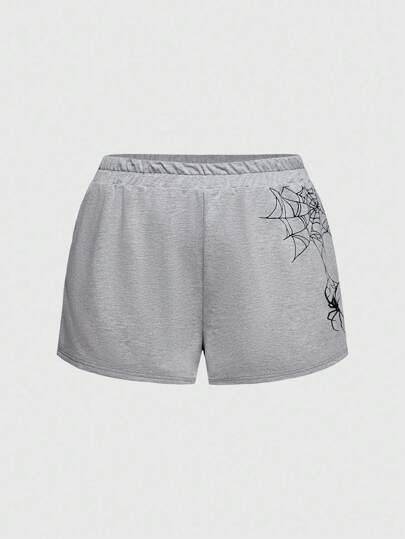 Grunge Punk Shorts grigi informali e larghi, taglia comoda, con stampa a ragnatela punk, di taglia comoda