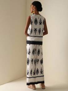 Vesra 2-Pc Set: Sleeveless Printed Top & Elastic Waist Loose Pants, Summer Fashion Boho Two Piece Set - Multicolor - View 2