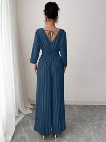 Rafferiza Women's Casual Solid Color Waist Drawcord Jumpsuit With Long Sleeves - Dusty Blue - View 2
