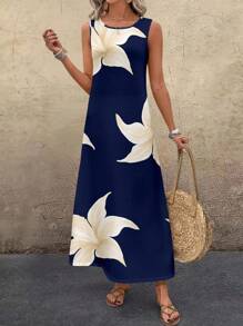 EMERY ROSE Casual Floral Pattern Round Neck Long Dress For Women, Suitable For Summer Suitable For Going Out Chic Dress - Multicolor - View 2