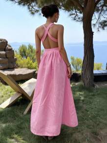 SHEIN 女士纯色露背无袖方领夏季优雅连衣裙 - 西瓜粉 - 查看 2
