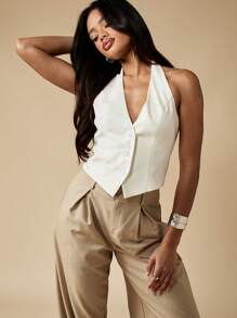MISSGUIDED Áo vest cổ yếm thanh lịch, may đo, chuyên nghiệp, trang phục công sở, cài nút phía trước, áo vest không tay cổ điển cho mùa hè - trắng - Xem 6