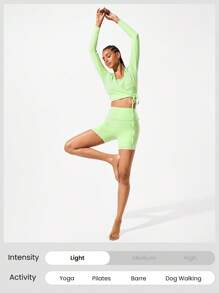 GLOWMODE FeatherFit™ Tie Waist Wrap V Neck Cropped Long Sleeve Top Low Impact Yoga Daily Summer