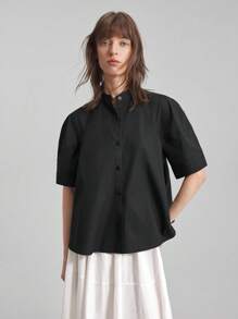 Ontre 2025 Women's Casual Solid Color Front Button Short Sleeve Shirt, Suitable For Office, Business Casual, Thanksgiving, Christmas, Urban Commute, Summer/Autumn