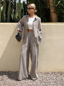 Livesso 2pcs Women Casual Striped Long Sleeve Blouse And Pants Set, Summer