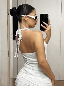 SHEIN ICON Women Modest V Neck Halter White Lace Knitted Casual Modest Tank Tops & Camis - White - View 2