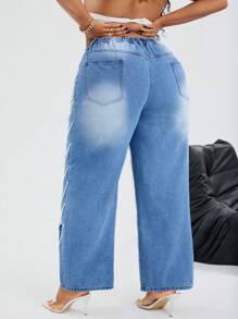SHEIN EZwear 大码女式珍珠链装饰破洞宽松阔腿牛仔裤，休闲街头时尚 - 彩色 - 查看 2