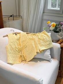 Comfortcana Women's Summer Clothing Light Yellow Woven Sleeveless Top Open Collared Tie And Shorts Casual Cute Two Piece Set Suitable For Summer Vacation Seaside - Yellow - View 4