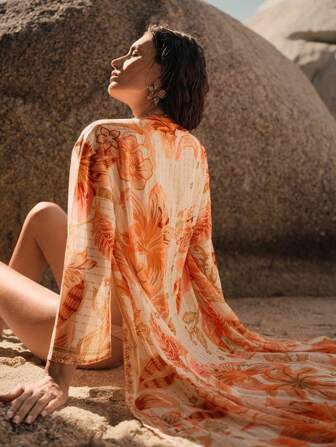 Anewsta Damen Grafik Muster Badeanzug Strandkleid Kimono