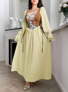 Modelyn Women French Style Square Neck Tie Flare Sleeve Dress - Mustard Yellow - View 4