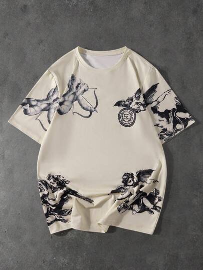 Manfinity EMRG Camiseta de manga corta para hombre con estampado de ángel, esencial para el novio en looks casuales