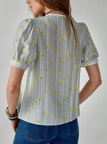 Florisole Áo sơ mi nữ tay ngắn in họa tiết sọc Áo sơ mi nữ ren tương phản thời trang đa năng - trắng - Xem 3