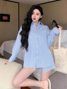 DAZY Conjunto feminino casual folgado com blusa listrada e shorts, ideal para usar em casa no outono, primavera e verão. - Azul - Ver 6