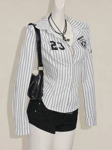 SHEIN ICON 女式黑白条纹长袖短款衬衫，数字印花，修身剪裁，学院风，夏季女士棒球衫细条纹棒球衫女士棒球上衣女士棒球球衣棒球纽扣衬衫 - 彩色 - 查看 5