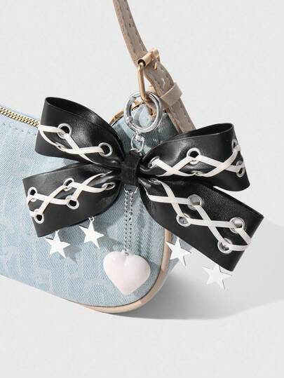 Grunge Punk 1 pieza Correa de cadena negro estilo gótico retro punk Y2K con ojal, lazo, estrella plateada y colgante de corazón de acrílico, DIY llavero o decoración de bolso, adecuado para mujeres, idea de regalo
