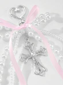 ROMWE Kawaii 1 pezzo Ciondolo versatile, delicato e dolce in stile Y2K, di alta qualità, realizzato a mano con perle, fiocco di nastro e croce di cristallo cava, adatto come portachiavi o decorazione per borse, adatto per donne/ragazze, per uso quotidiano o come regalo