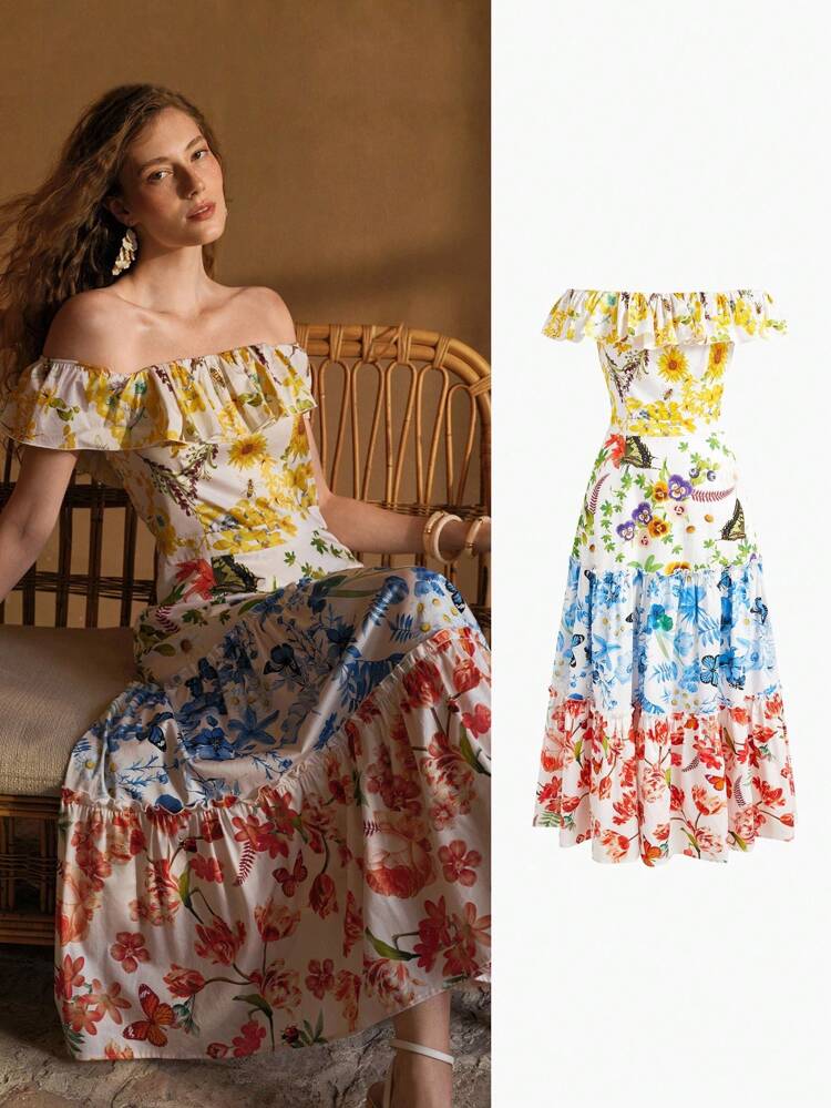 FLORAL PRINT RUFFLE HEM DRESS