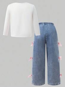 SHEIN ChillGRL 两件套女童蝴蝶结印花长袖T恤和3D蝴蝶结牛仔裤套装，休闲时尚，适合春秋冬季穿着。