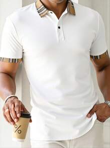 Manfinity BRENVOR Men Contrast Plaid Collar Polo Shirt, Fashion Work Button Shirt